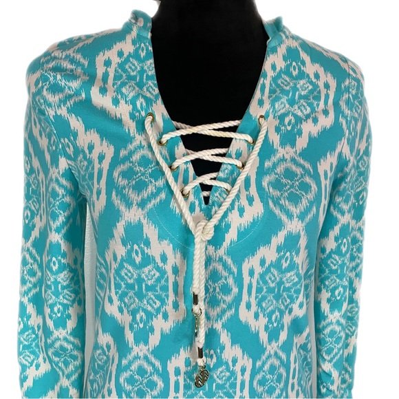 EUC - Macbeth Collection Hooded Tunic Swim Cover Up in Aqua/White - Small - Picture 3 of 7